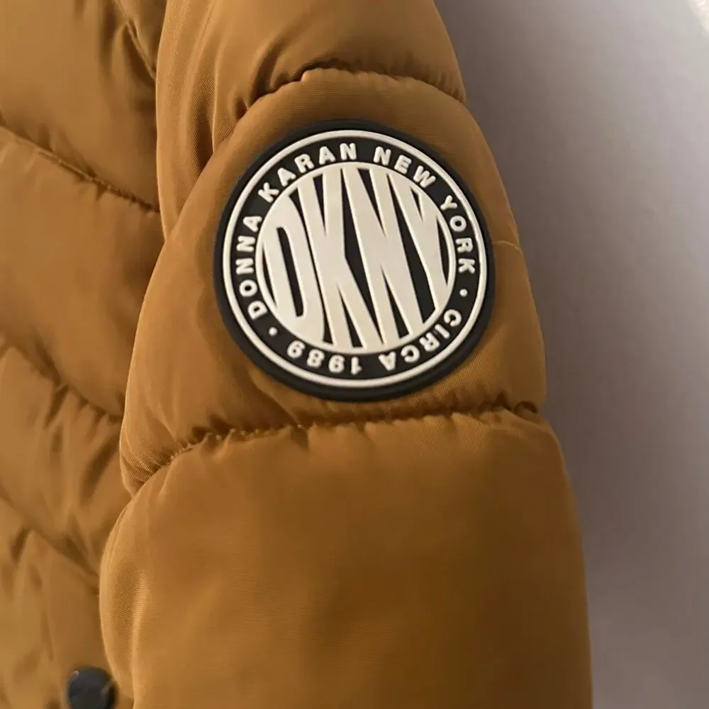 DKNY Puffer Coat Boys Size 4 Mustard Brown Hooded Quilted Outdoor Winter Gorp